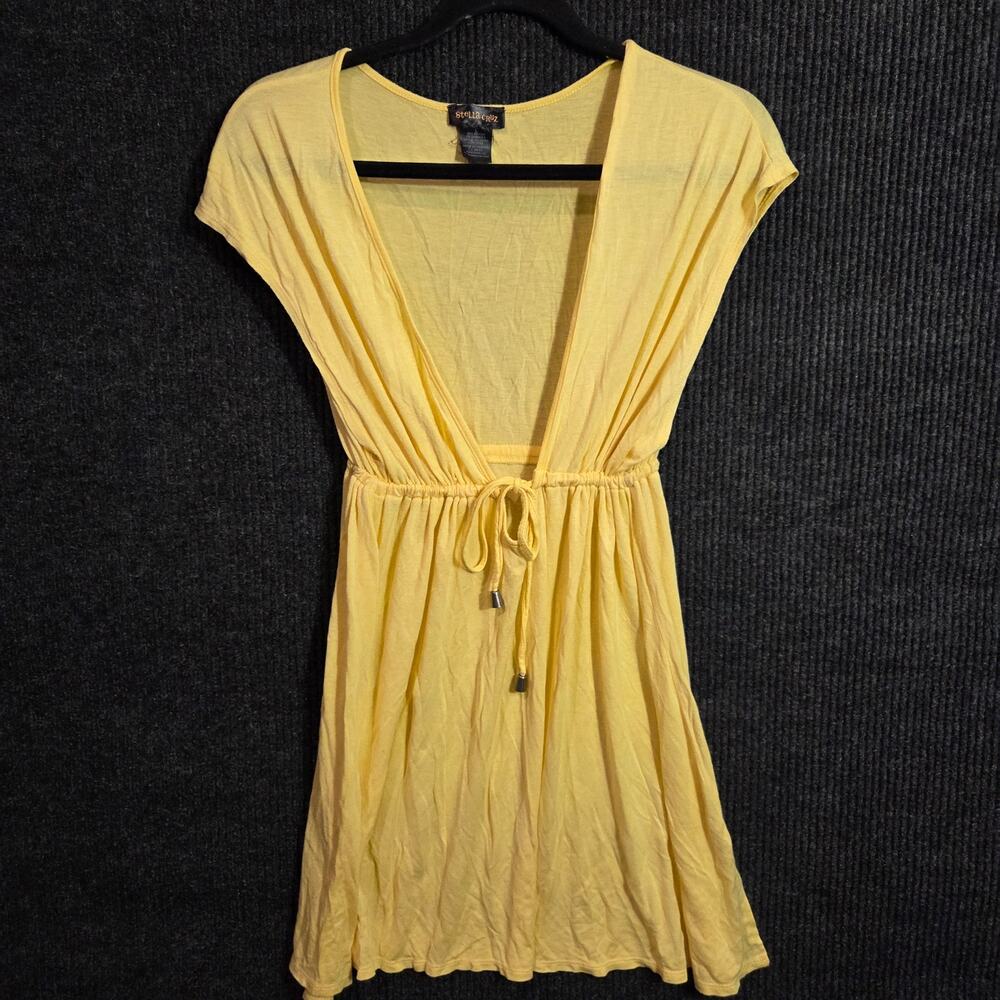 Stella Cruz Yellow Deep V Neck Mini Dress Tunic Large Y2k Flowy Babydoll